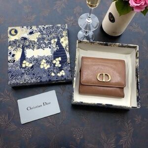 Auth Christian Dior CD Logo Leather Pink Tri-fold Wallet W/Box/Dustbag